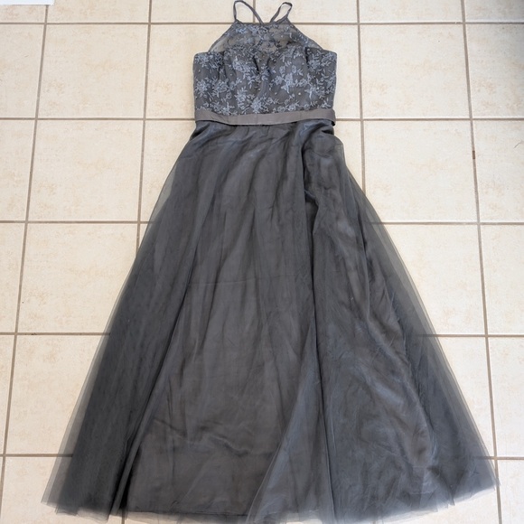 Dresses & Skirts - Size L/XL Beaded Grey Silver Cross-Back Mesh Boat Neck Formal Prom Dress Gown